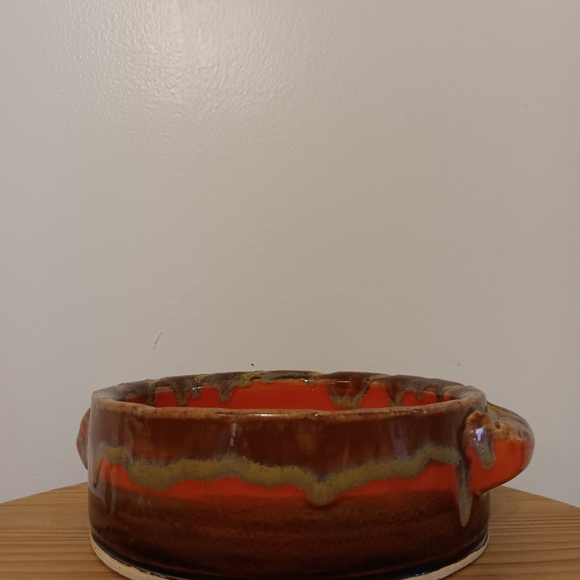Art Pottery Orange & Brown/Tan Drip glaze dog or car bowl /soup turrine - Picture 2 of 5